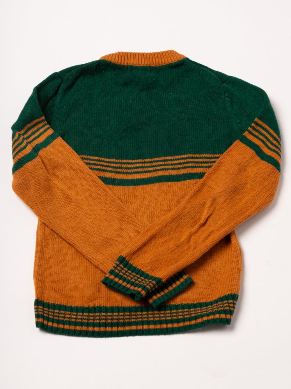 Vintage 70s Children's Green Yellow Striped Collegiate Crewneck Sweater Medium - Picture 3 of 10